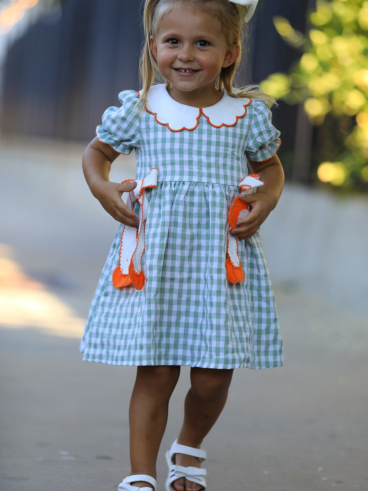 Rylee Faith Designs - Fall Plaid Girls Dress Pumpkin Bow Smocked Peter Pan Collar