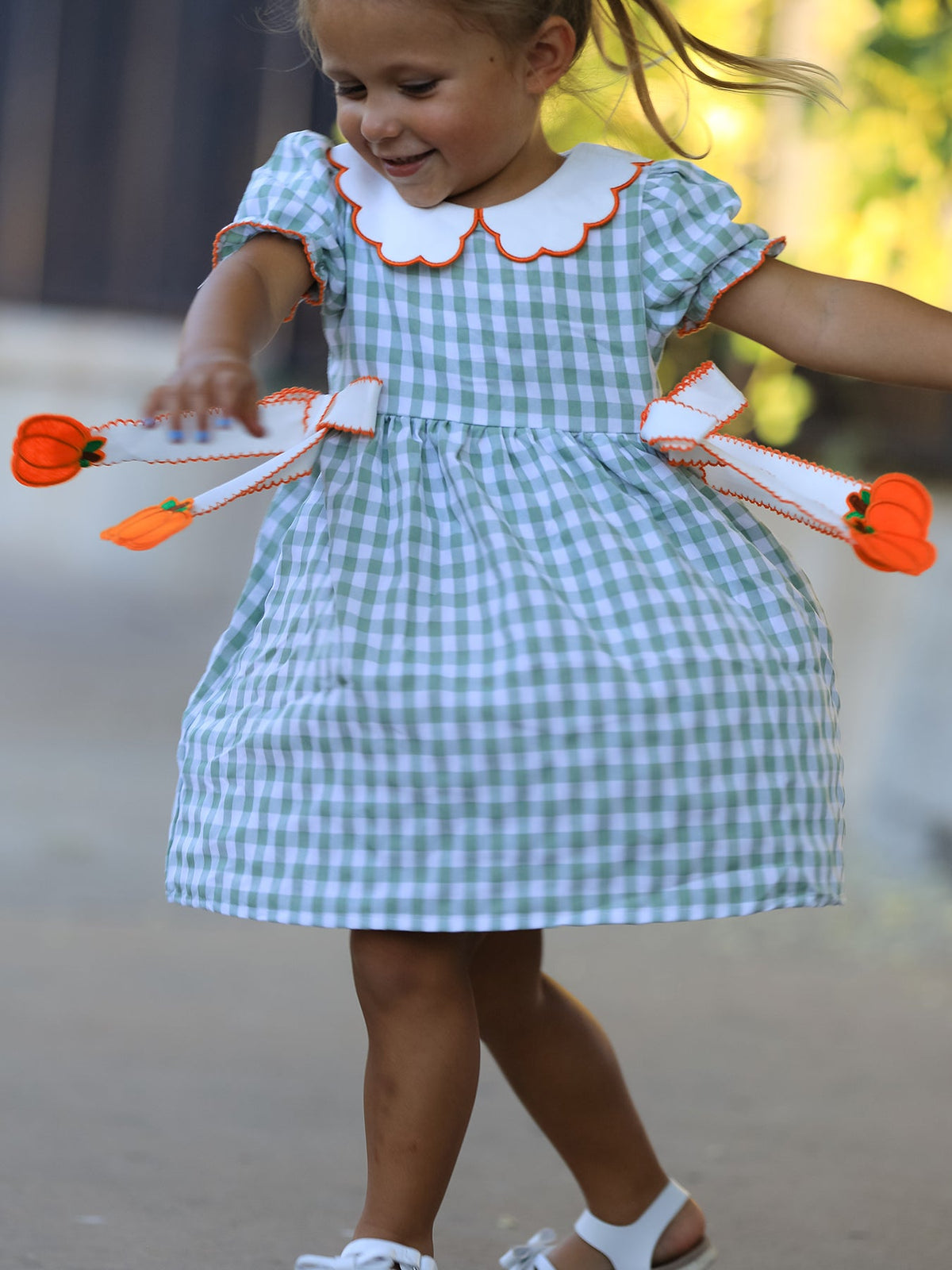 Rylee Faith Designs - Fall Plaid Girls Dress Pumpkin Bow Smocked Peter Pan Collar - alternate view 4