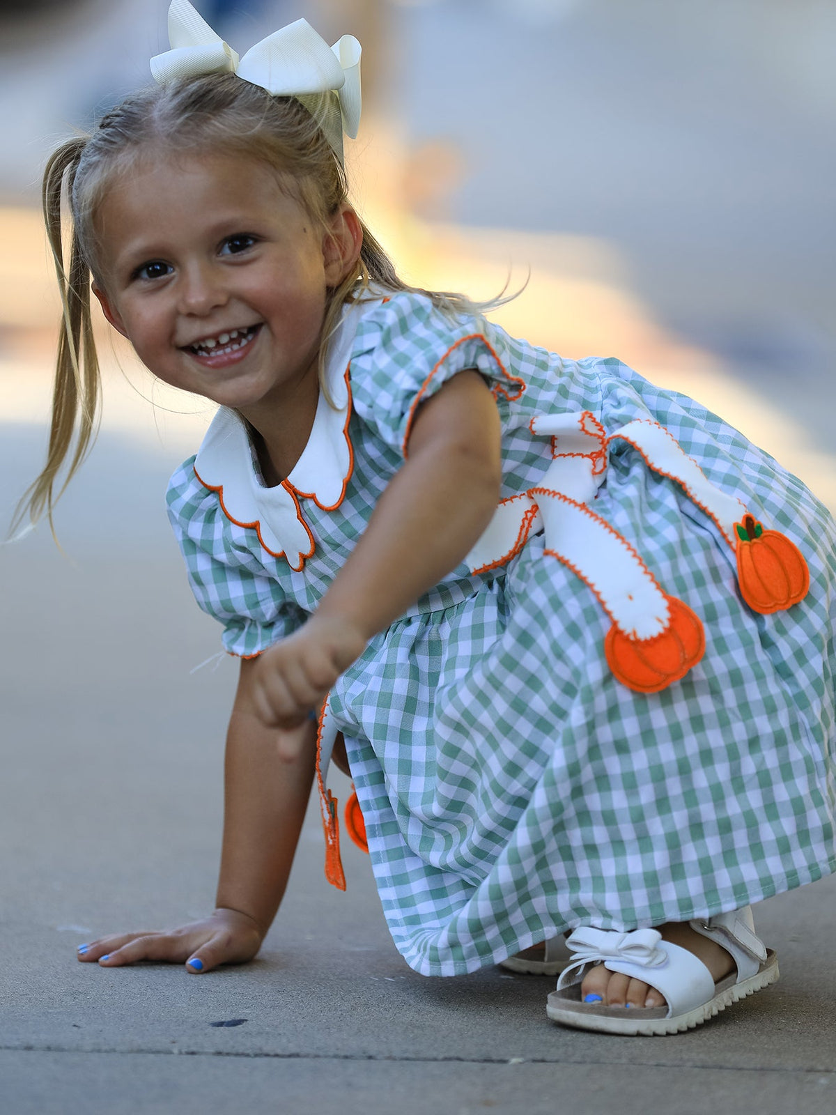 Rylee Faith Designs - Fall Plaid Girls Dress Pumpkin Bow Smocked Peter Pan Collar - alternate view 5