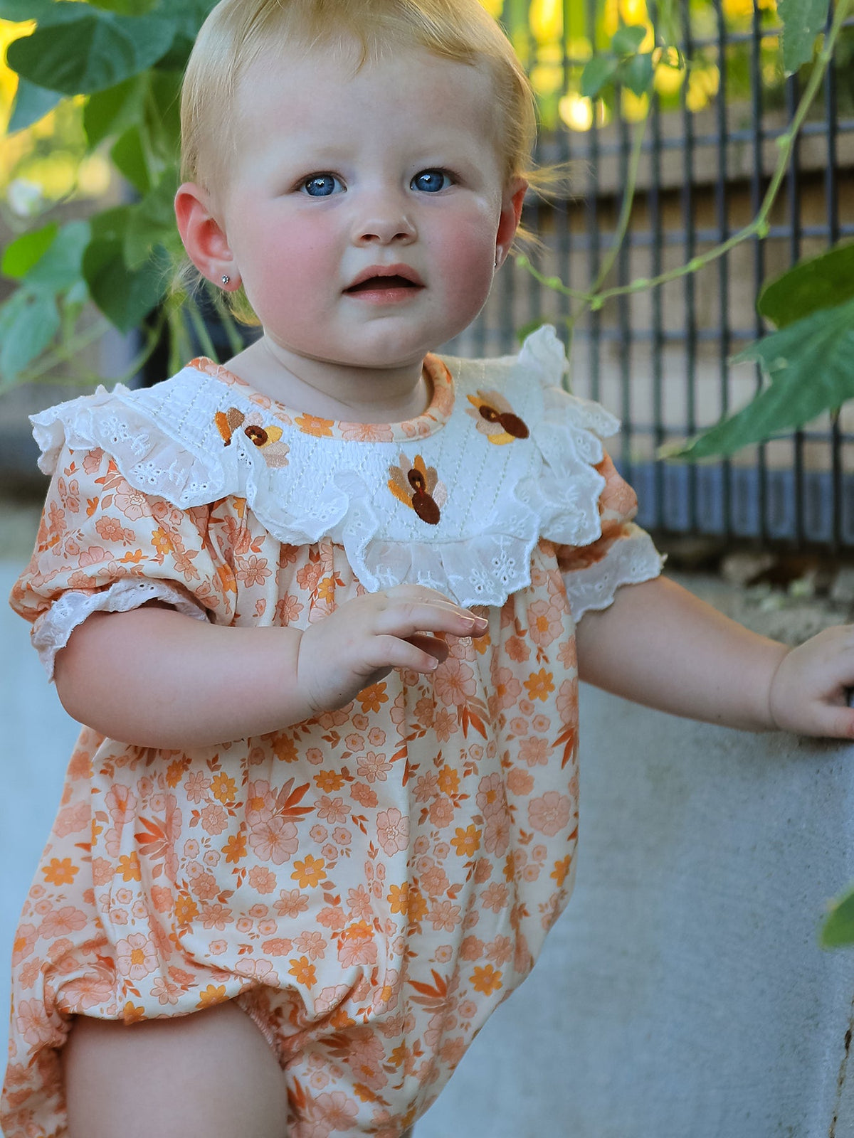 Rylee Faith Designs - Thanksgiving Turkey Floral Lace Bubble Girls Romper - alternate view 2