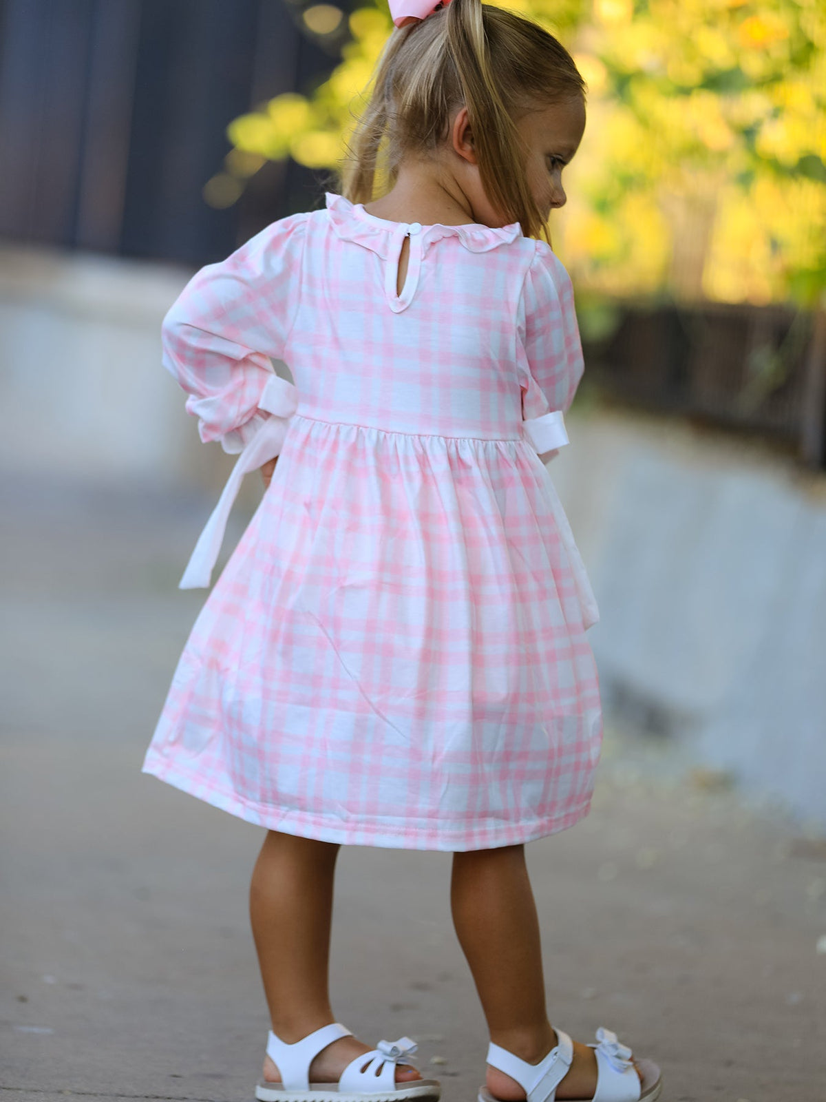 Rylee Faith Designs - Fall Pink Plaid Ruffle Ballet Shoe Embroidery Long Sleeve Dress - alternate view 3