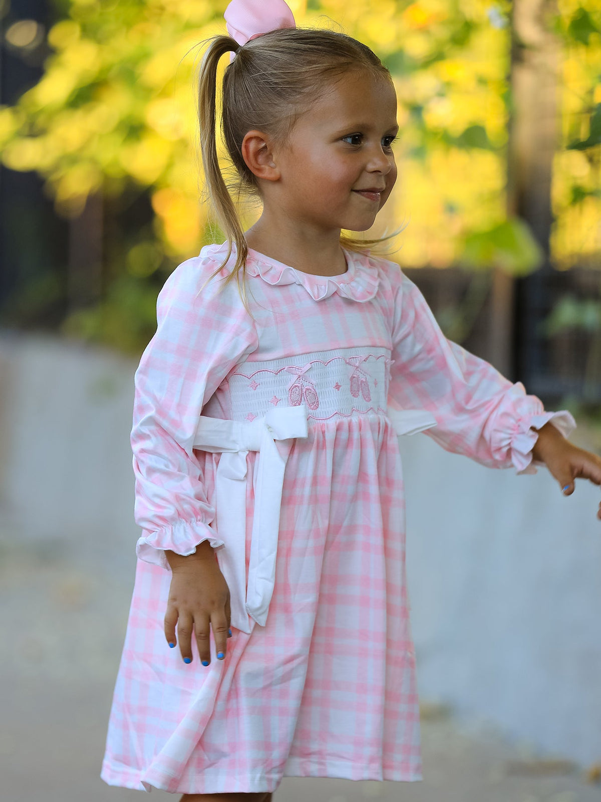 Rylee Faith Designs - Fall Pink Plaid Ruffle Ballet Shoe Embroidery Long Sleeve Dress - alternate view 2