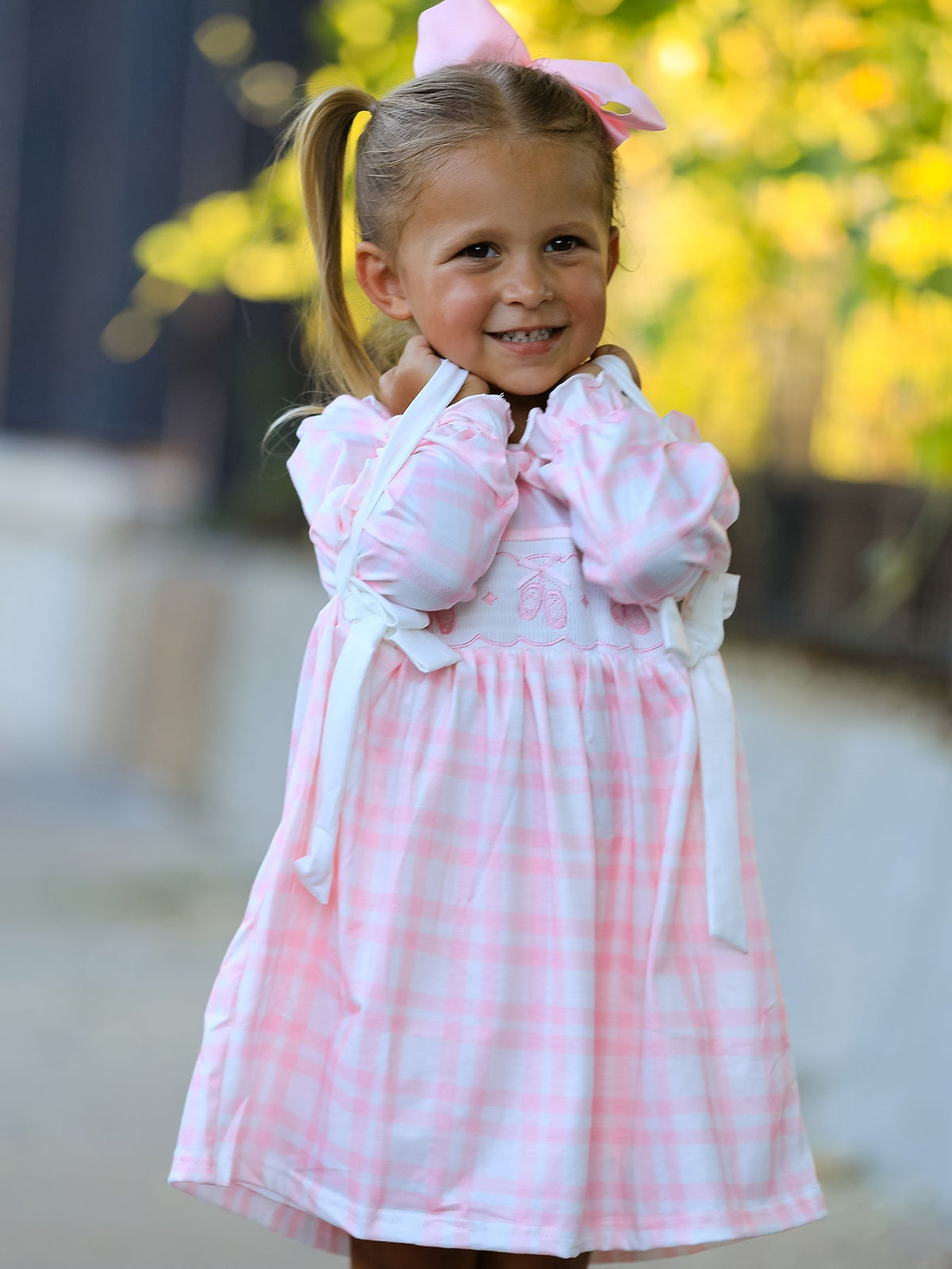 Rylee Faith Designs - Fall Pink Plaid Ruffle Ballet Shoe Embroidery Long Sleeve Dress - alternate view 4