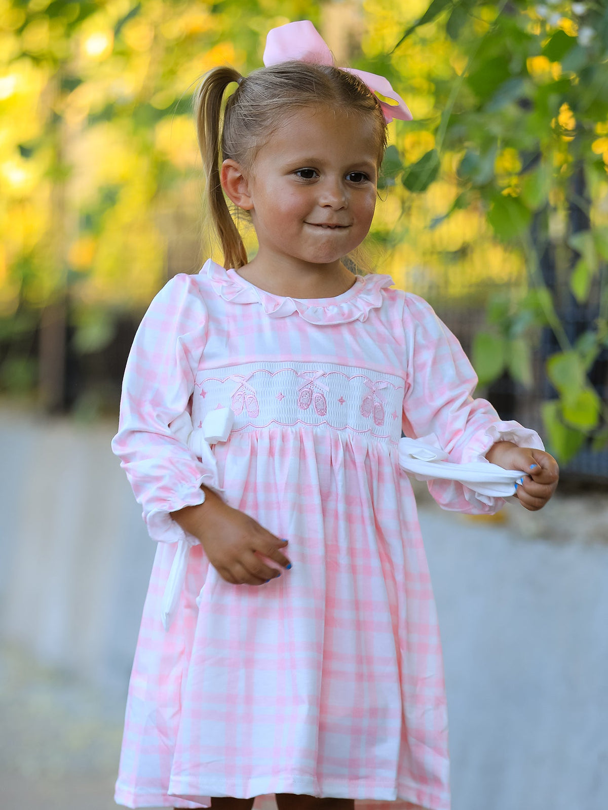 Rylee Faith Designs - Fall Pink Plaid Ruffle Ballet Shoe Embroidery Long Sleeve Dress - alternate view 5