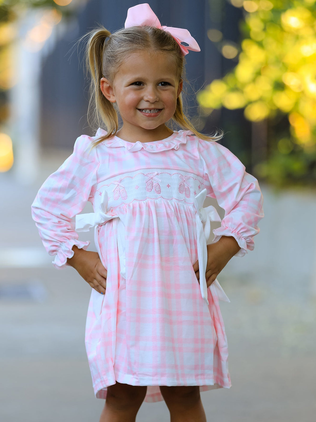 Rylee Faith Designs - Fall Pink Plaid Ruffle Ballet Shoe Embroidery Long Sleeve Dress
