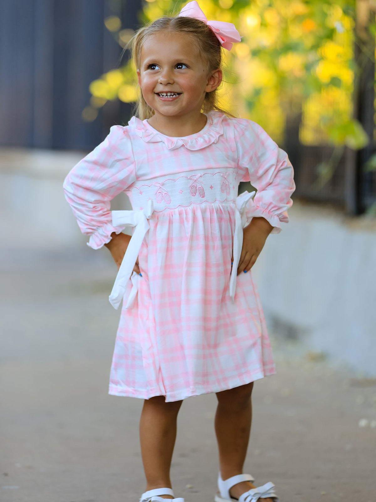 Rylee Faith Designs - Fall Pink Plaid Ruffle Ballet Shoe Embroidery Long Sleeve Dress - alternate view 6