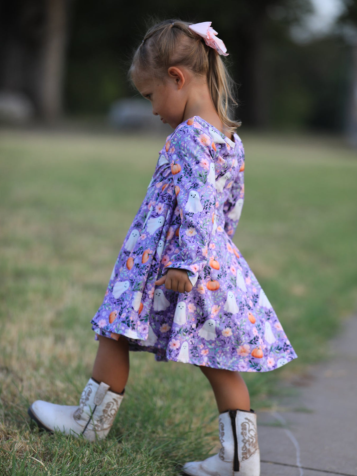 Rylee Faith Designs - Halloween Ghost Pumpkin Girls Long Sleeve Twirl Dress - alternate view 5