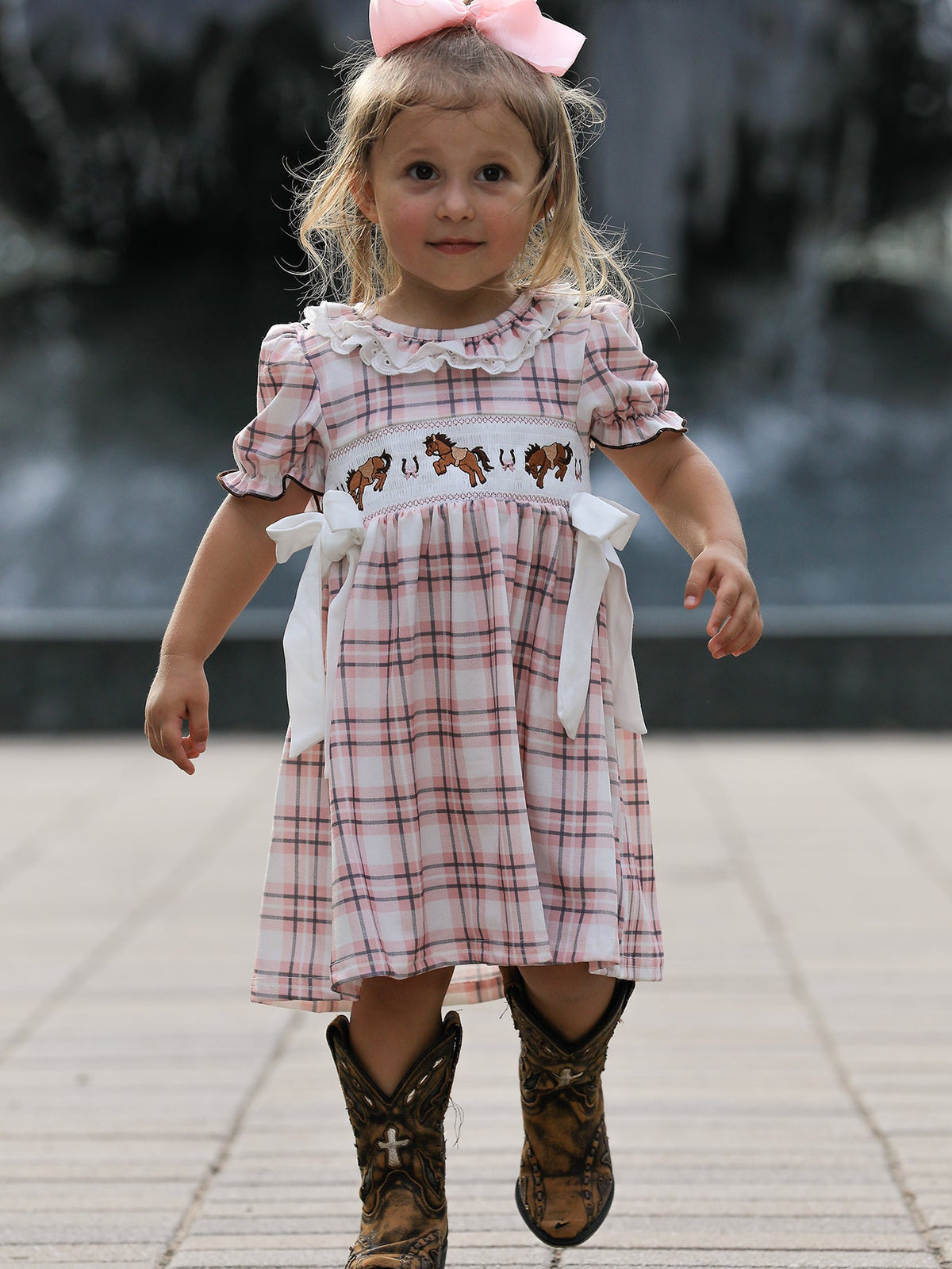 Rylee Faith Designs - Western Horse Embroidered Smocked Plaid Girls Dress