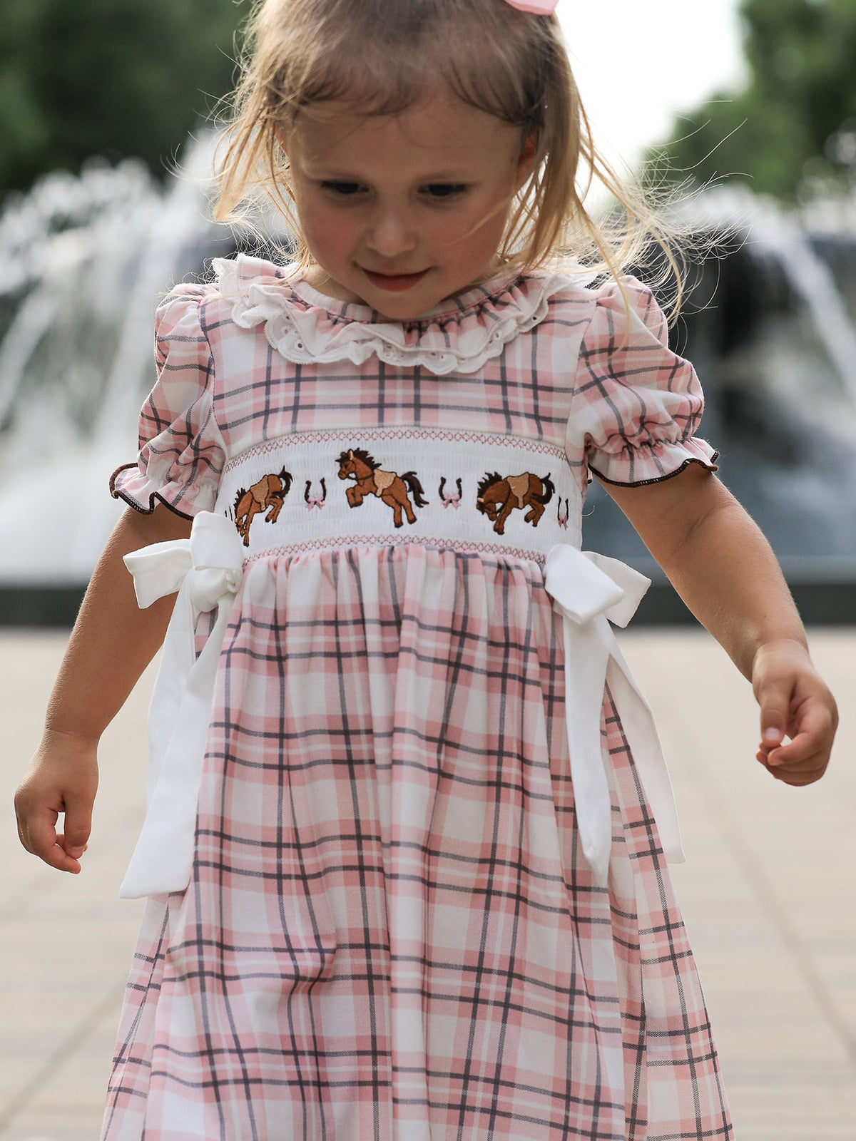Rylee Faith Designs - Western Horse Embroidered Smocked Plaid Girls Dress - alternate view 3
