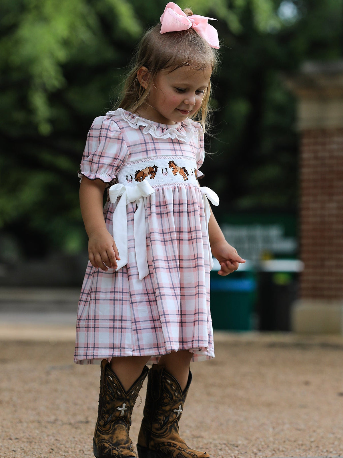 Rylee Faith Designs - Western Horse Embroidered Smocked Plaid Girls Dress - alternate view 4