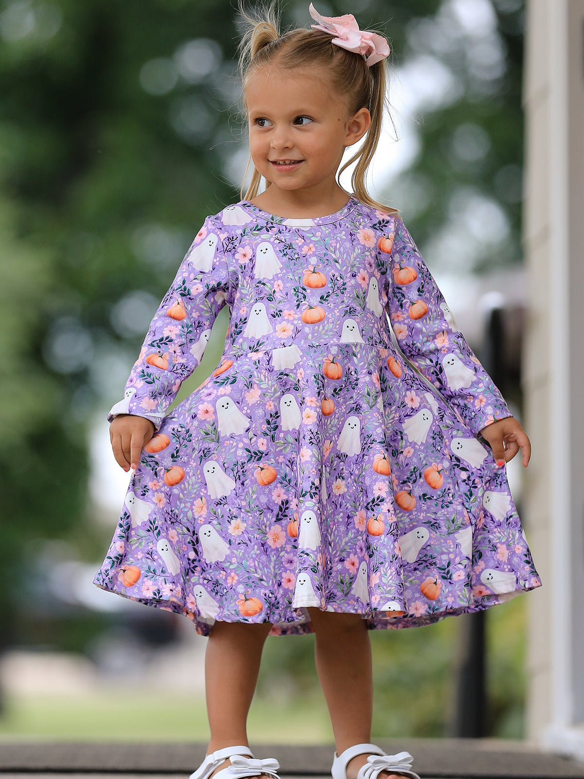 Rylee Faith Designs - Halloween Ghost Pumpkin Girls Long Sleeve Twirl Dress