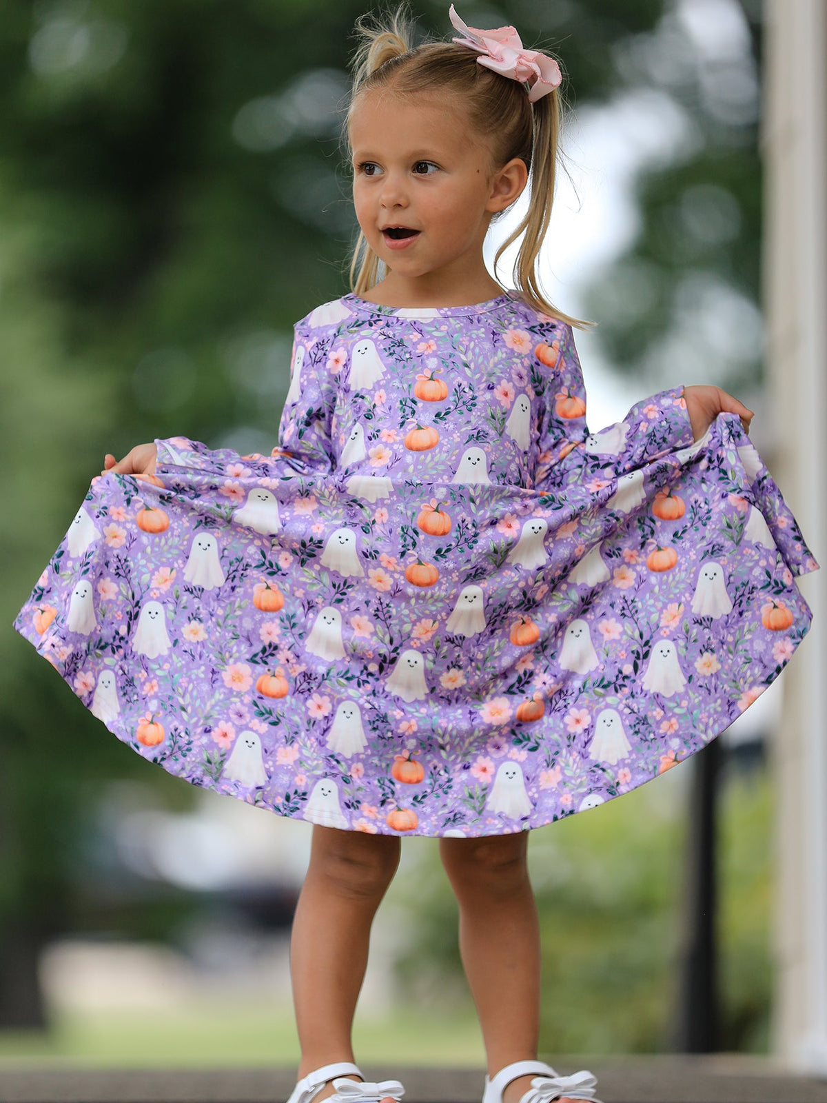Rylee Faith Designs - Halloween Ghost Pumpkin Girls Long Sleeve Twirl Dress - alternate view 2