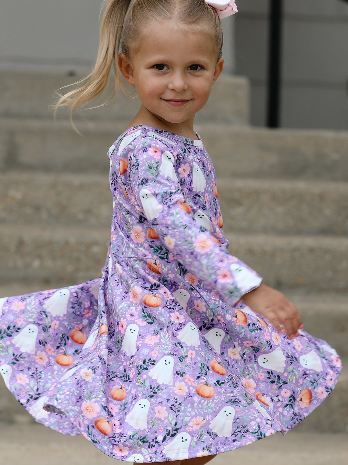 Rylee Faith Designs - Halloween Ghost Pumpkin Girls Long Sleeve Twirl Dress - alternate view 3