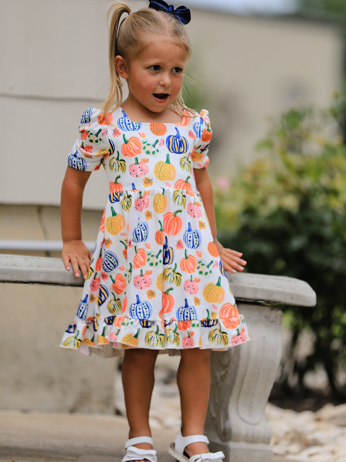 Rylee Faith Designs - Halloween Pumpkin Print Girls Ruffle Hem Dress