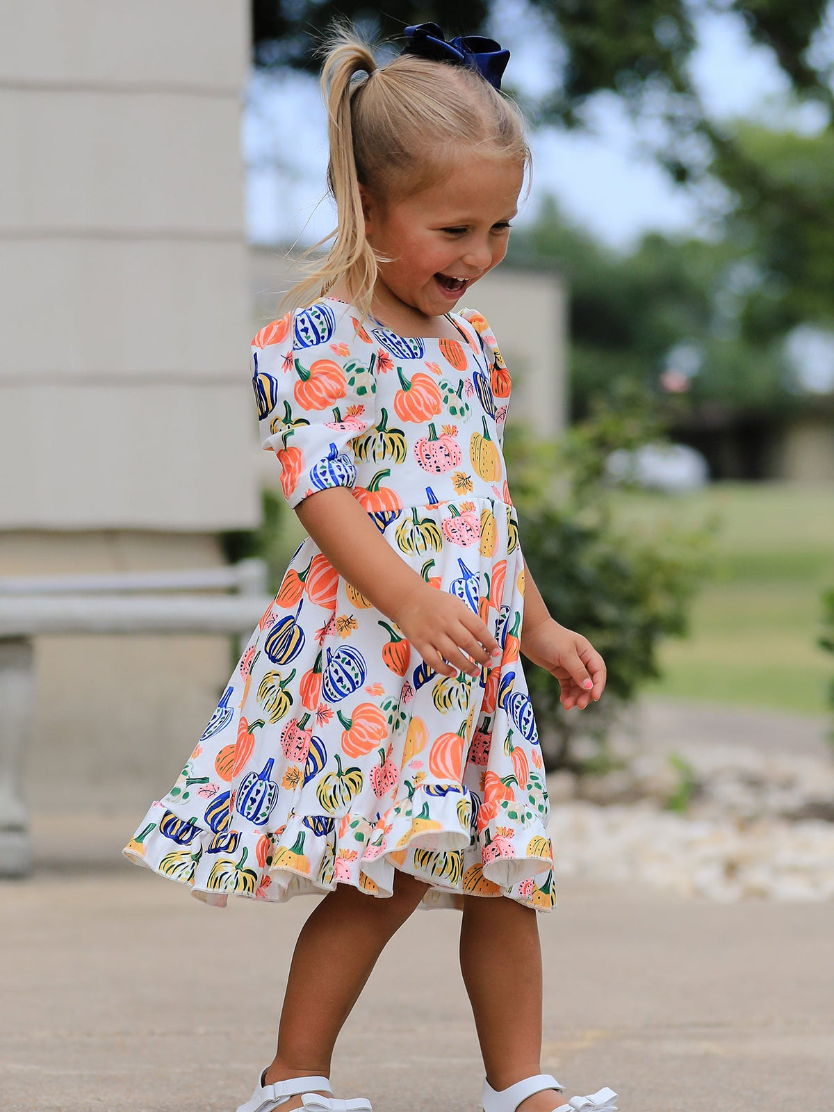 Rylee Faith Designs - Halloween Pumpkin Print Girls Ruffle Hem Dress - alternate view 3