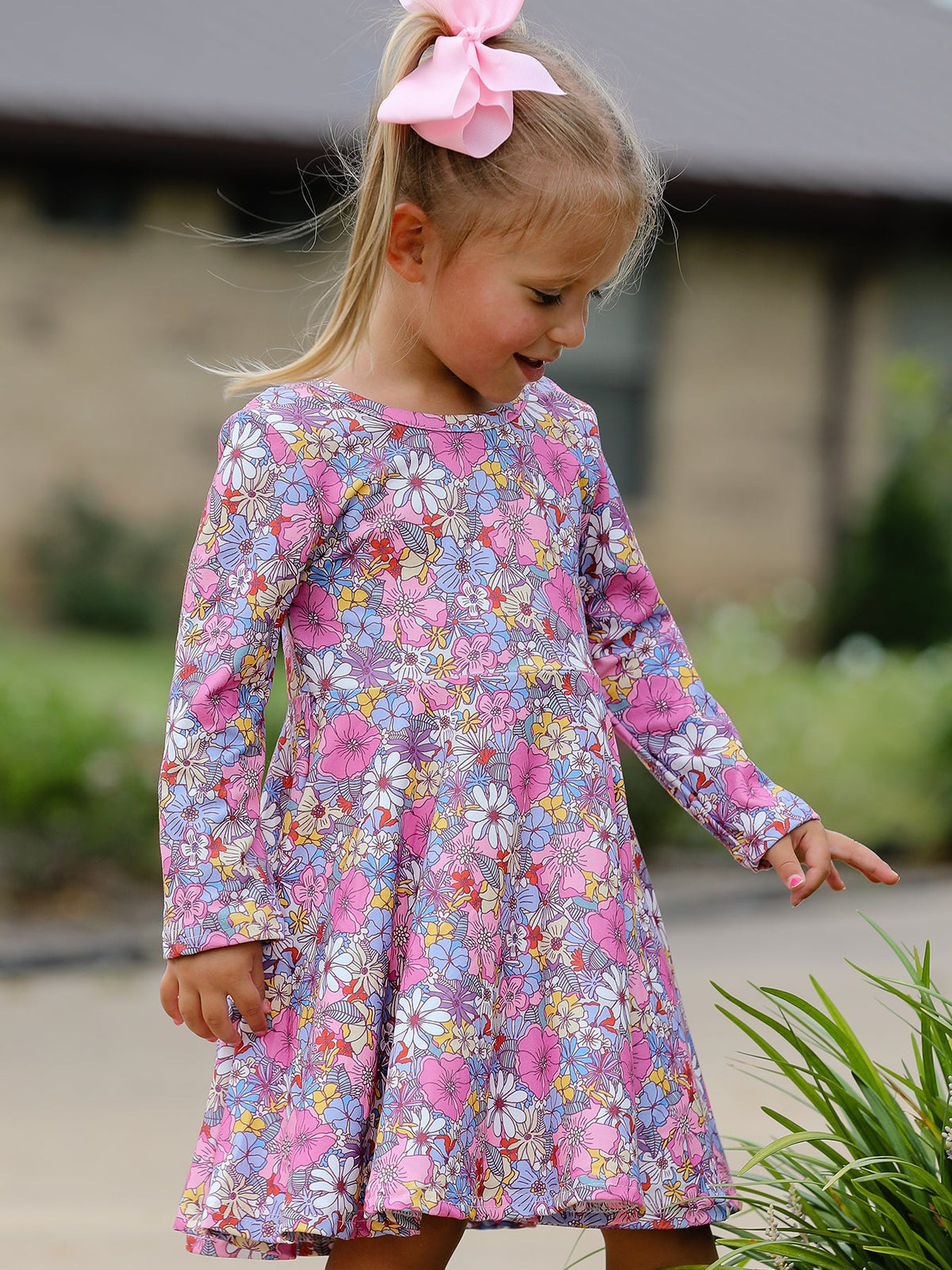 Rylee Faith Designs - Fall Vintage Floral Print Girls Long Sleeve Twirl Dress