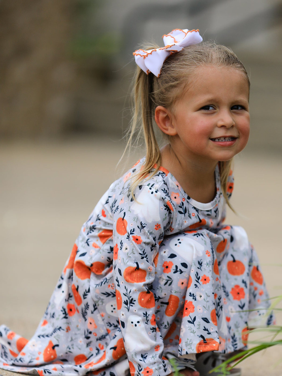 Rylee Faith Designs - Halloween Pumpkin Ghost Girls Dress Long Sleeve Twirl Dress - alternate view 2
