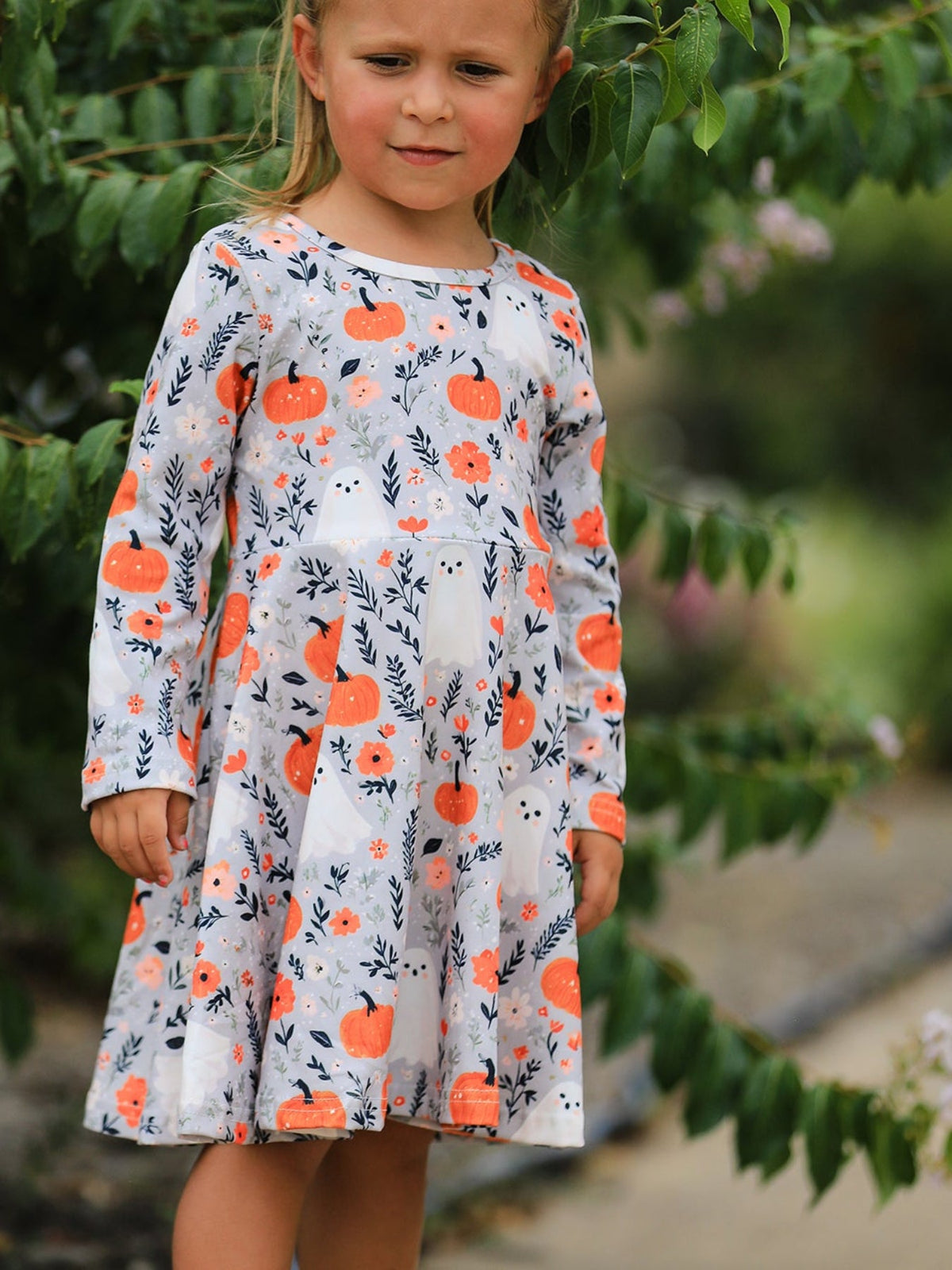Rylee Faith Designs - Halloween Pumpkin Ghost Girls Dress Long Sleeve Twirl Dress