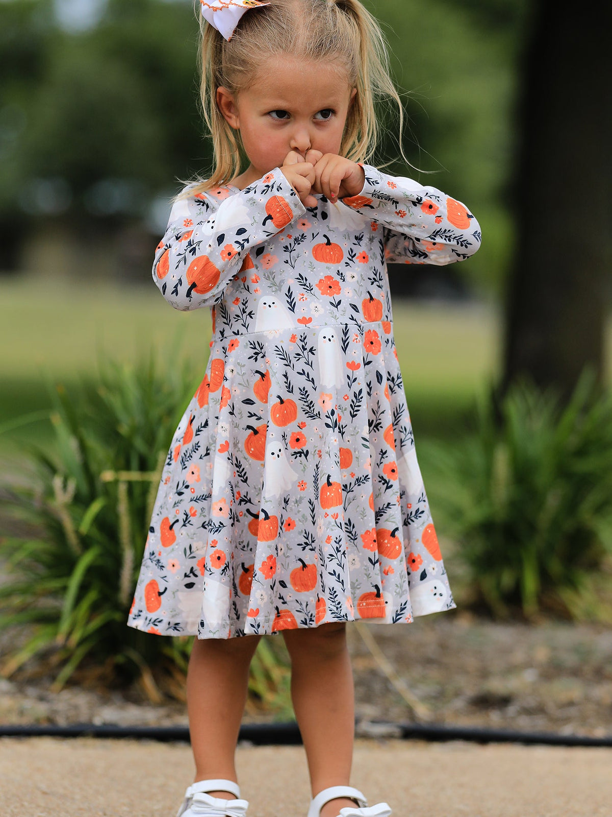 Rylee Faith Designs - Halloween Pumpkin Ghost Girls Dress Long Sleeve Twirl Dress - alternate view 3