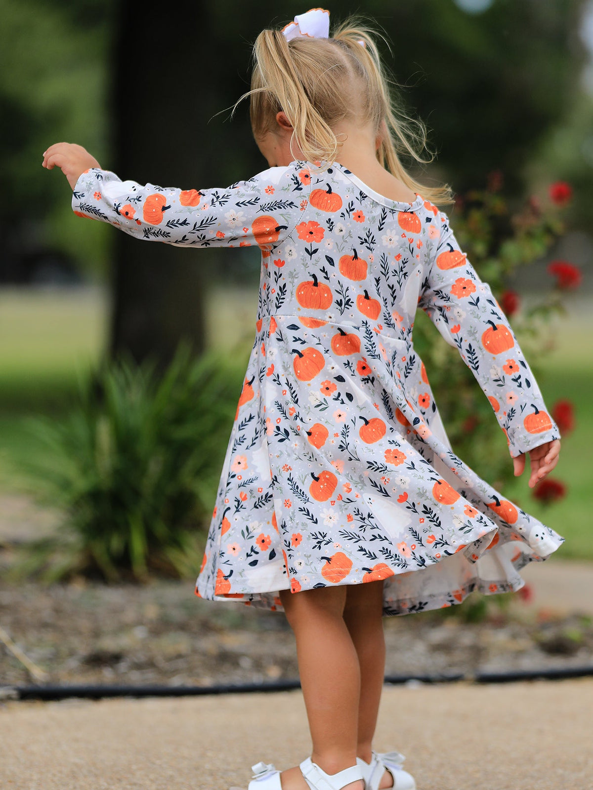 Rylee Faith Designs - Halloween Pumpkin Ghost Girls Dress Long Sleeve Twirl Dress - alternate view 4