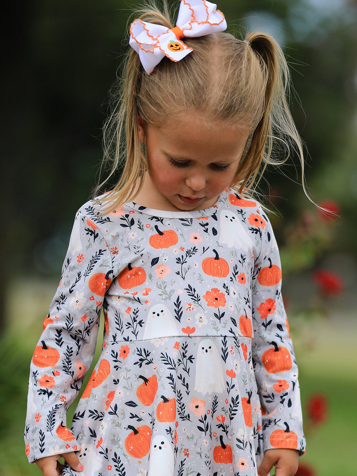Rylee Faith Designs - Halloween Pumpkin Ghost Girls Dress Long Sleeve Twirl Dress - alternate view 5