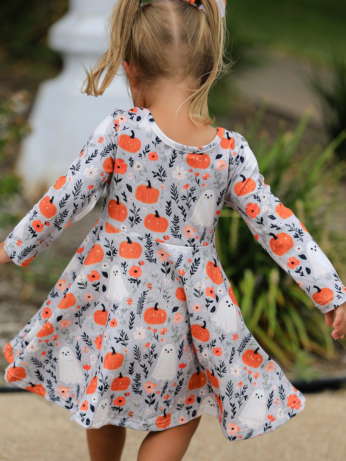 Rylee Faith Designs - Halloween Pumpkin Ghost Girls Dress Long Sleeve Twirl Dress - alternate view 6
