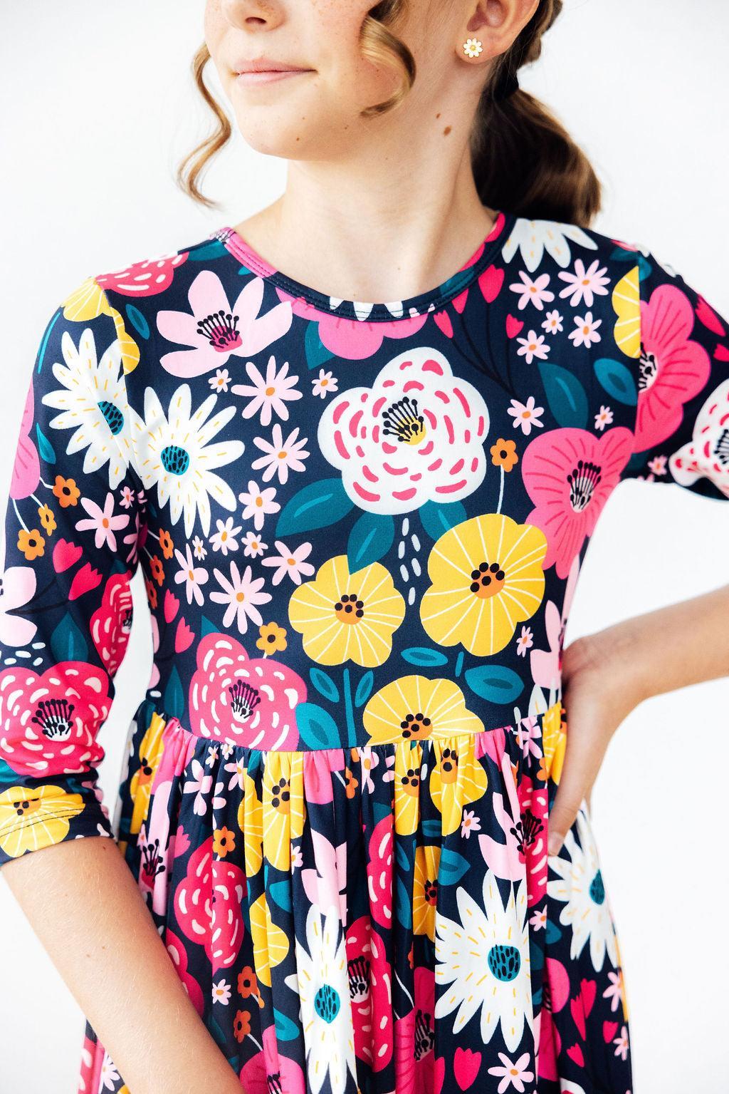 Midnight Floral 3/4 Sleeve Pocket Twirl Dress - Image 2