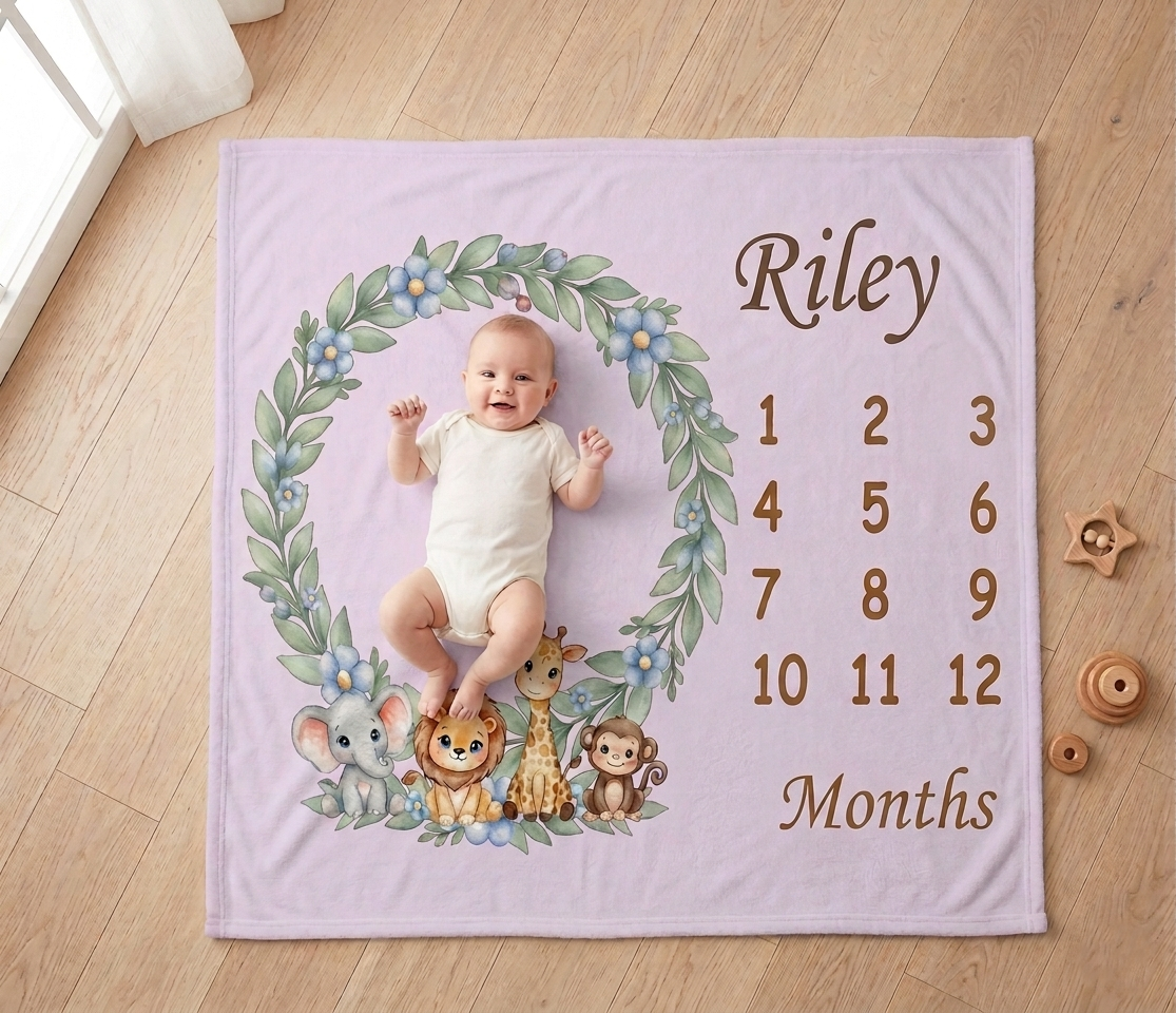 Personalized Baby Safari Milestone Blanket with Name | Lavender Pink, Light Blue & Cream | Custom Baby Gift