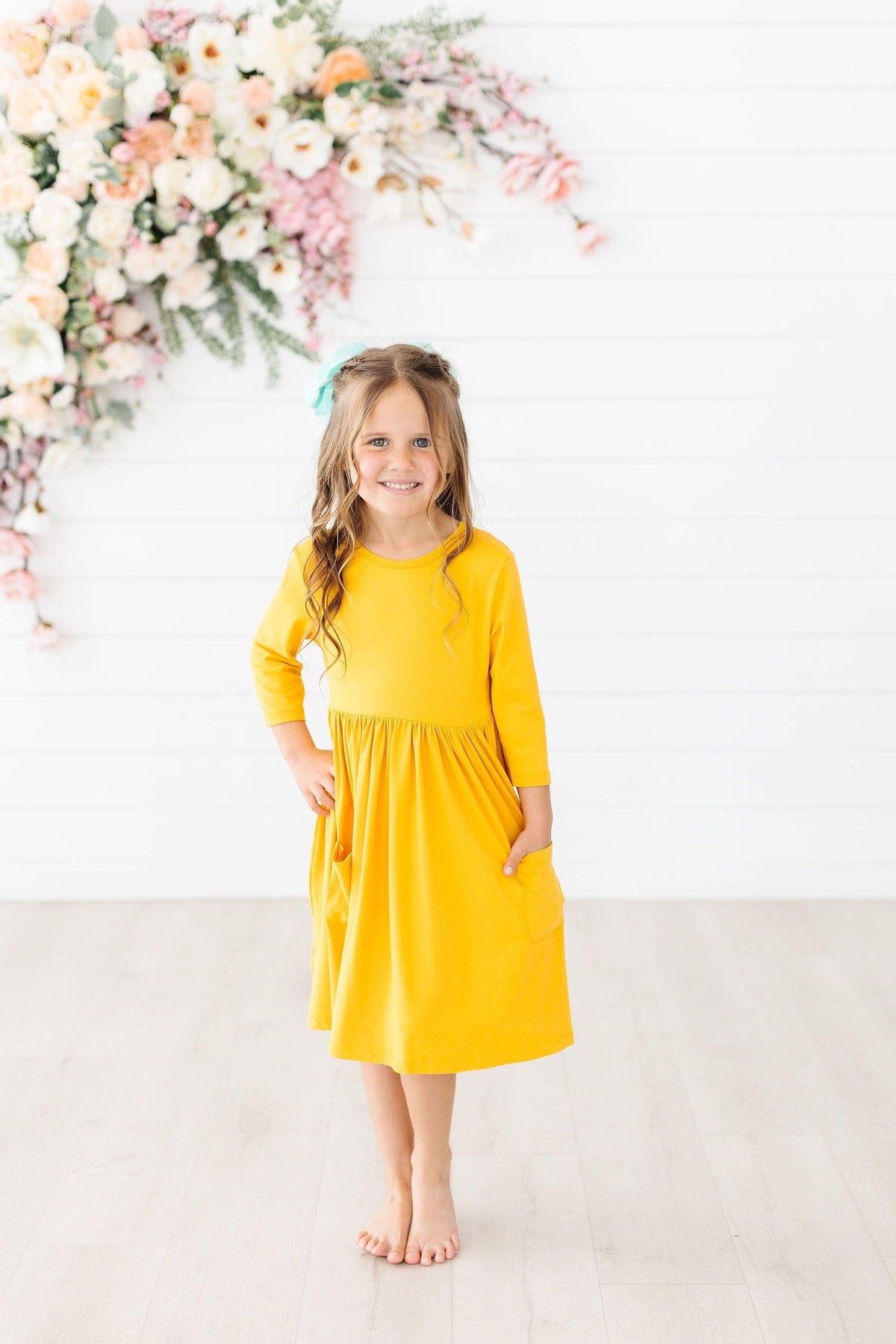 Mustard 3/4 Sleeve Pocket Twirl Dress - Image 3