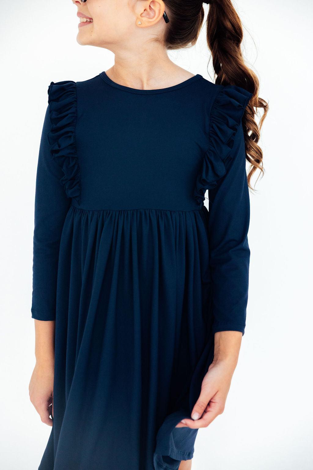 Navy L/S Ruffle Twirl Dress - Image 2
