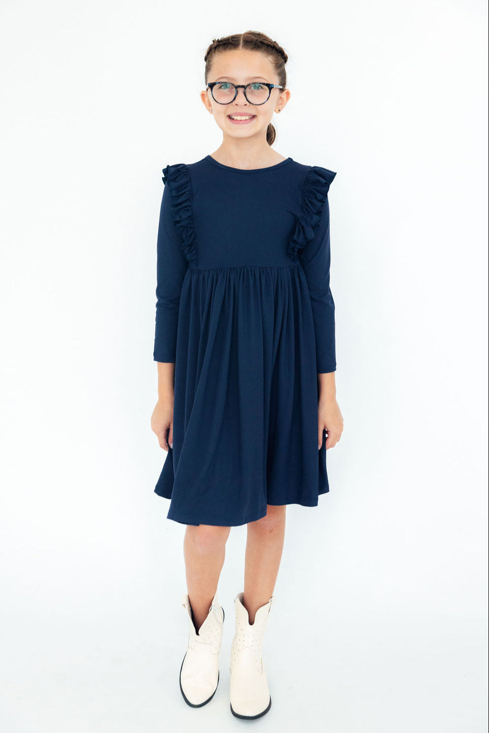 Navy L/S Ruffle Twirl Dress - Image 3