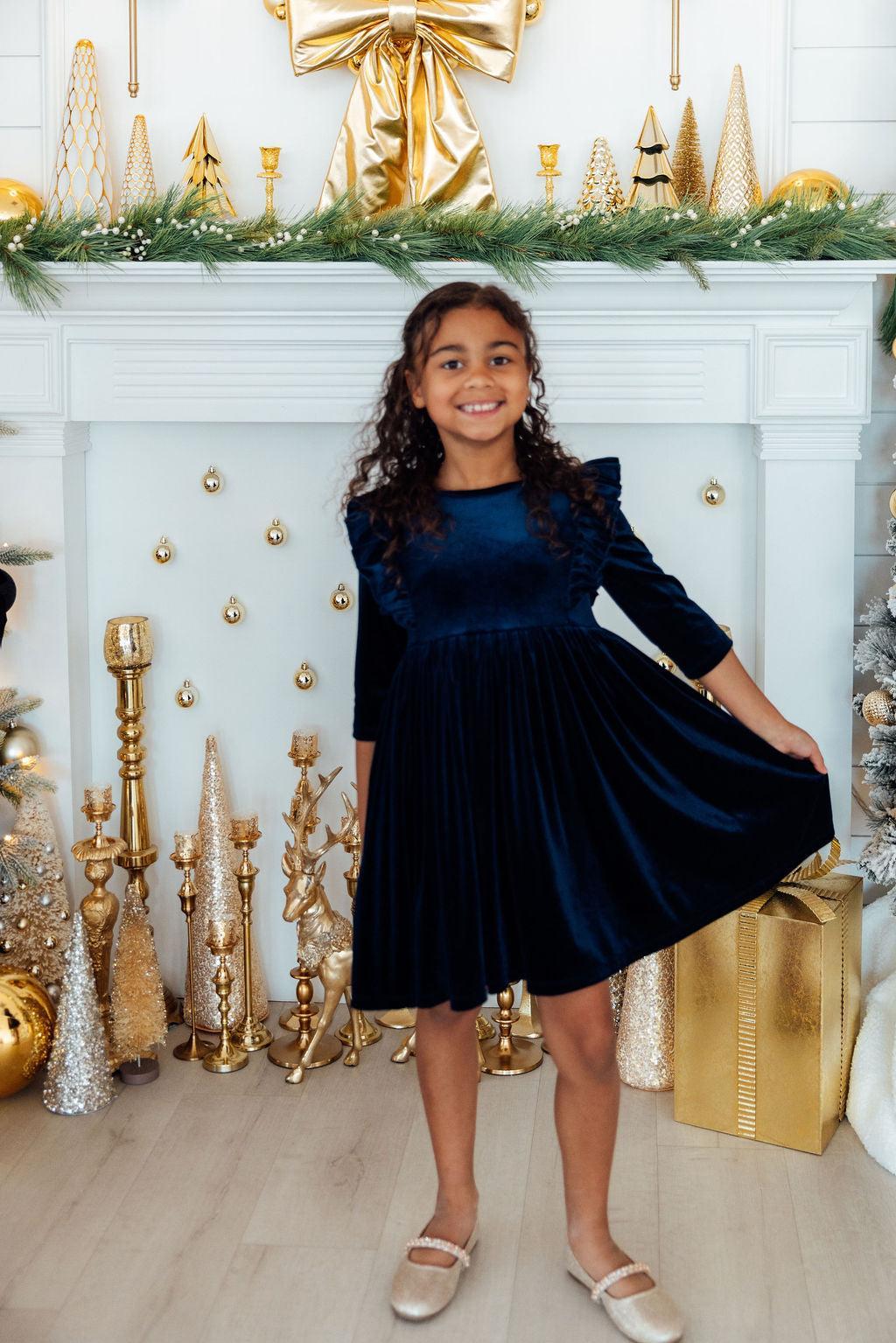 Navy Velvet Ruffle Twirl Dress - Image 10