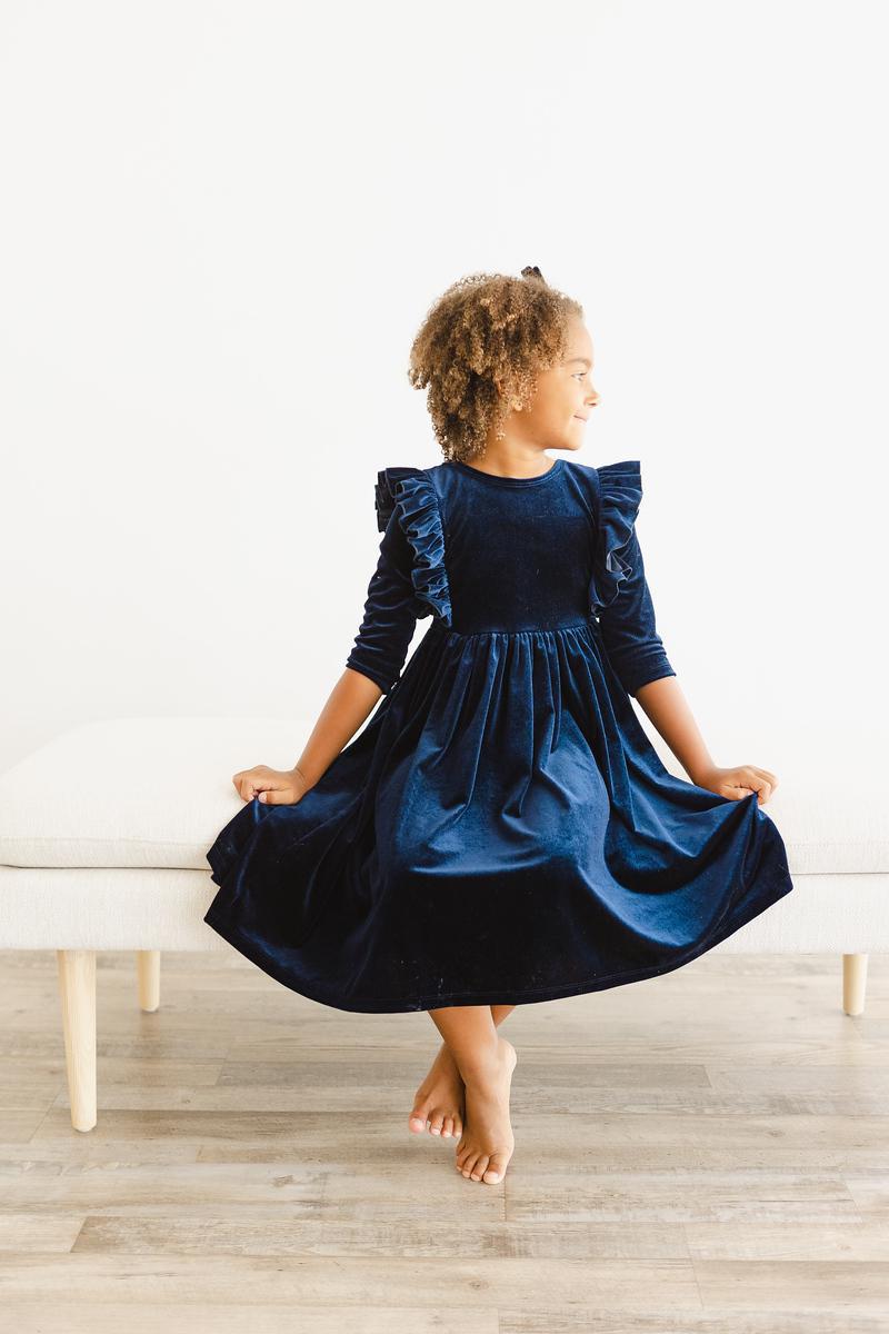 Navy Velvet Ruffle Twirl Dress - Image 2