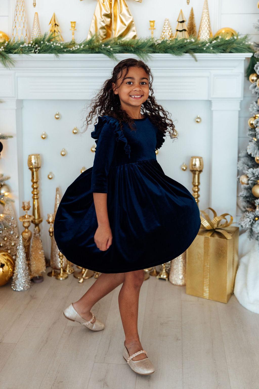 Navy Velvet Ruffle Twirl Dress - Image 3