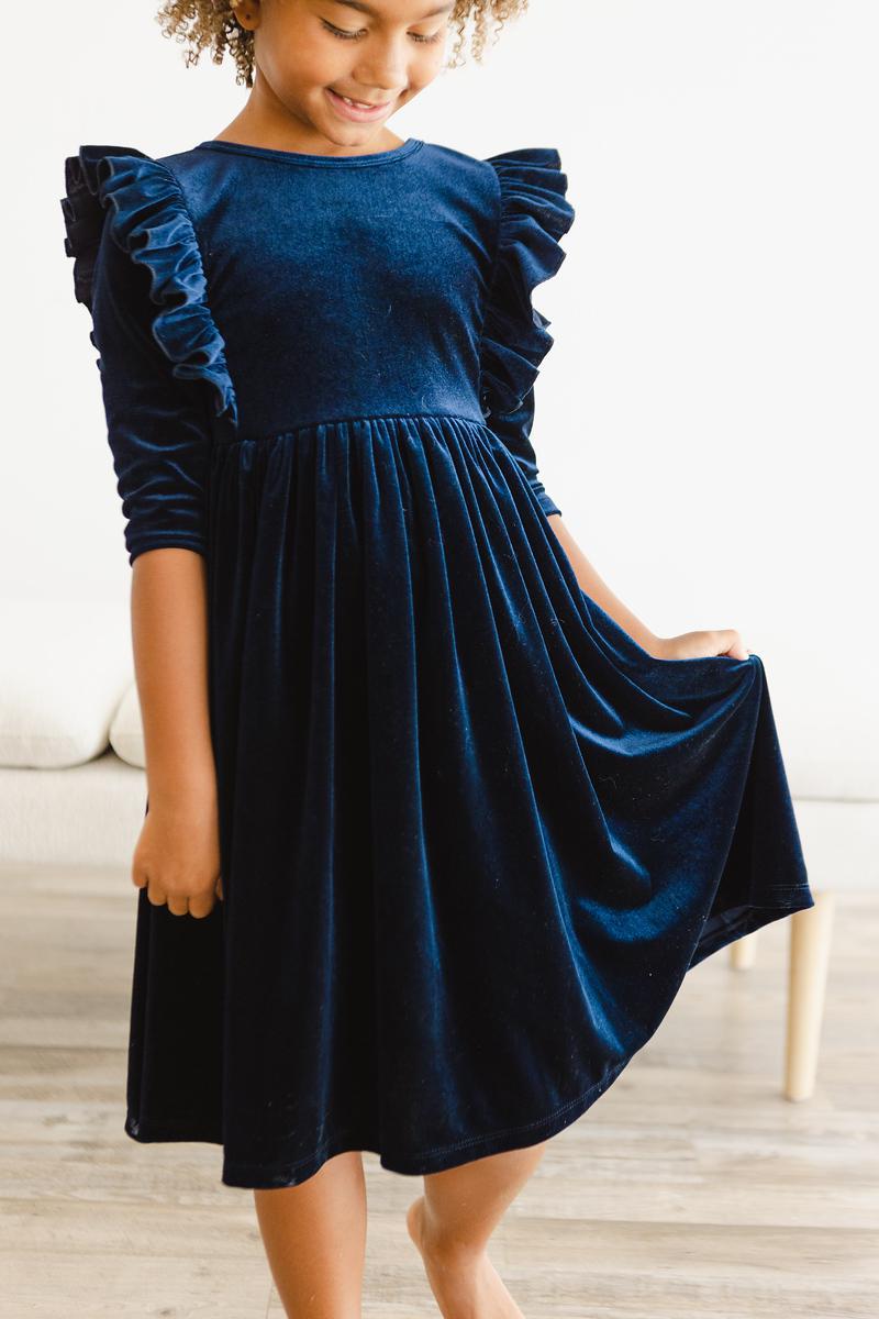 Navy Velvet Ruffle Twirl Dress - Image 5