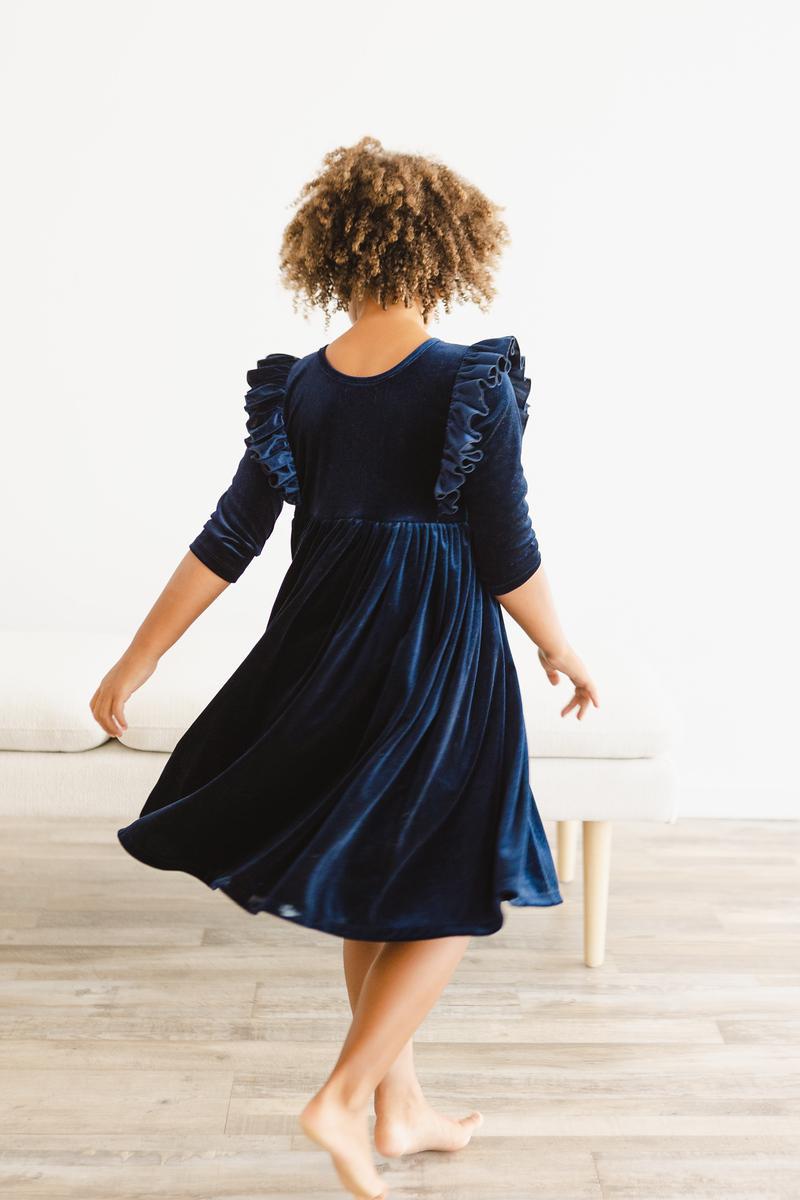 Navy Velvet Ruffle Twirl Dress - Image 6