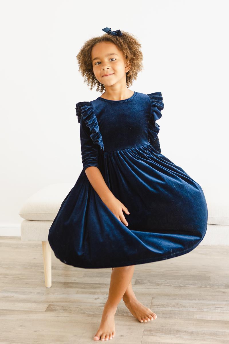 Navy Velvet Ruffle Twirl Dress - Image 7