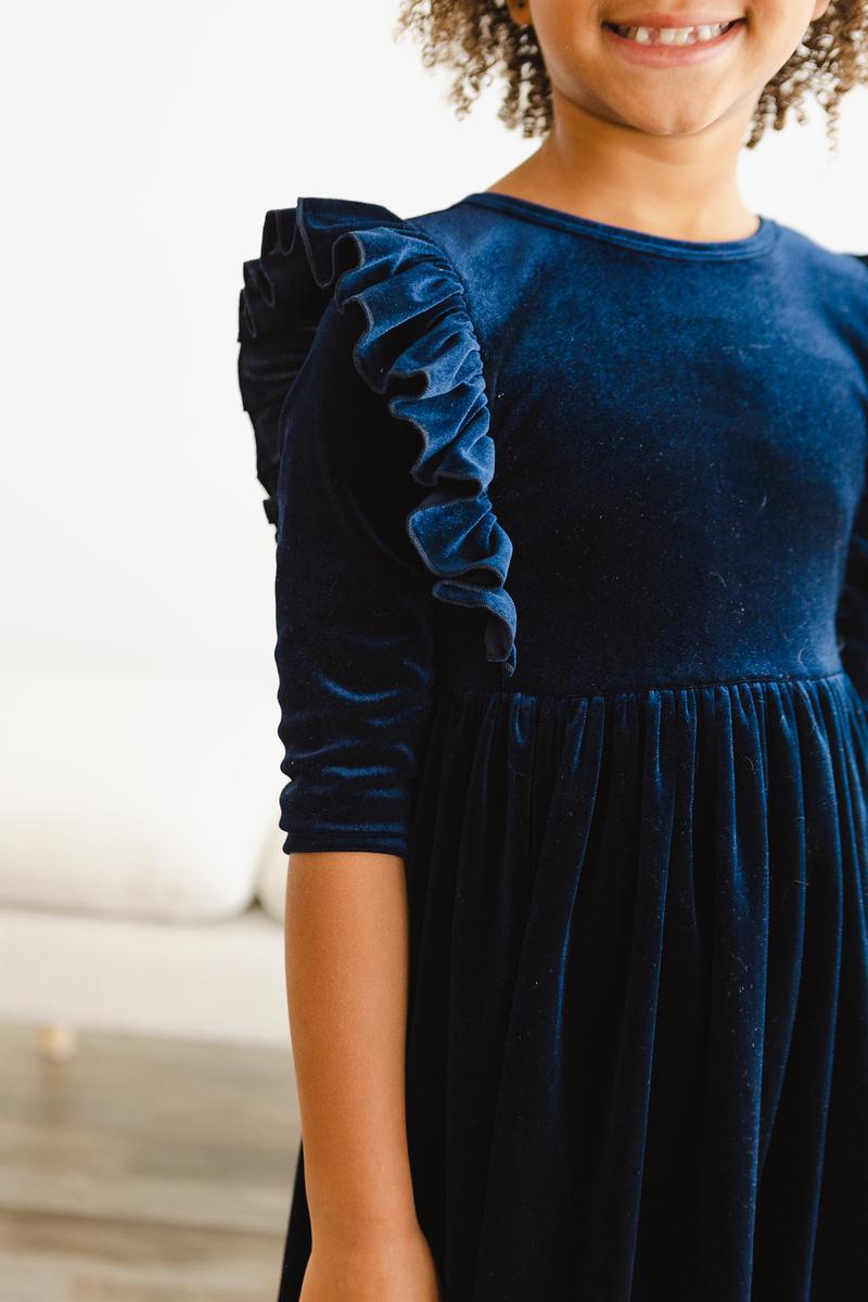 Navy Velvet Ruffle Twirl Dress - Image 8