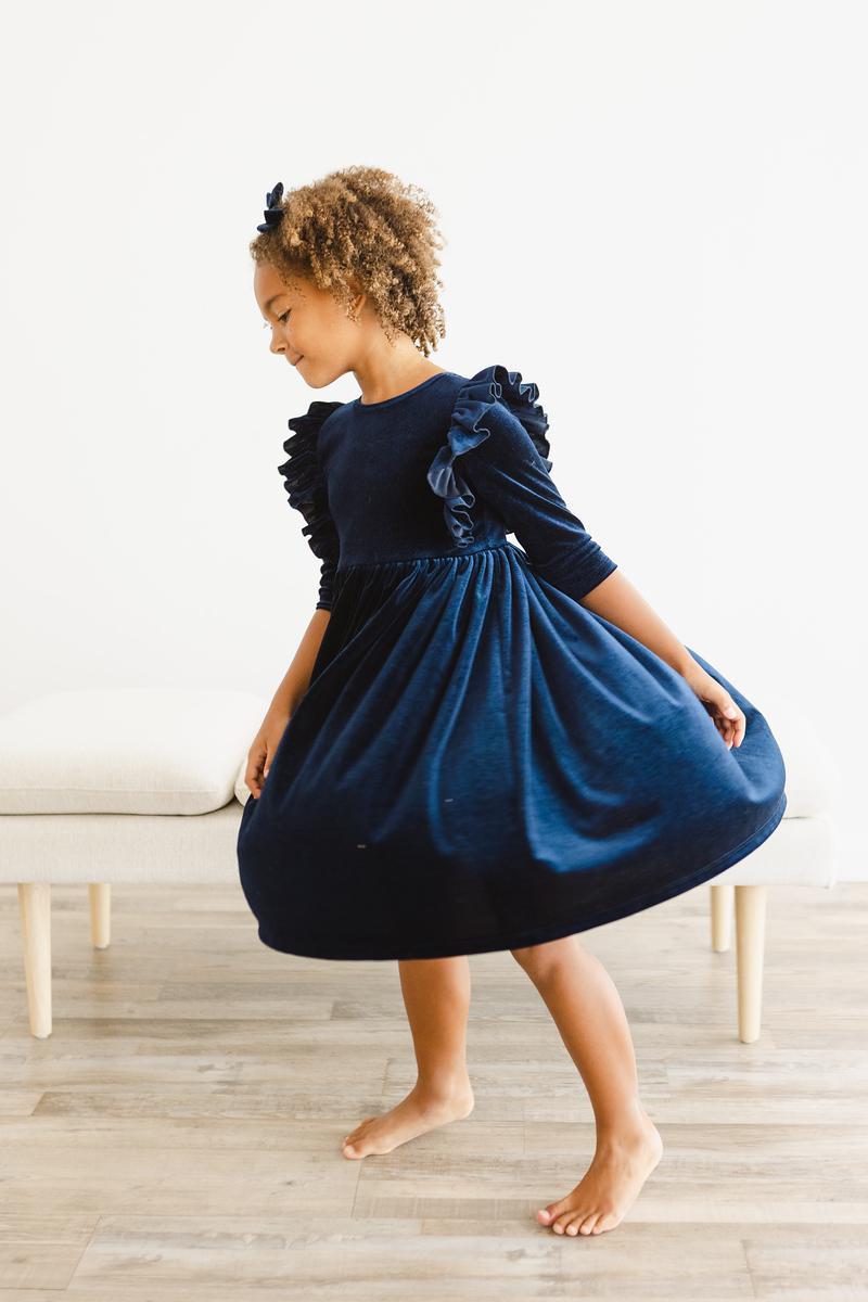 Navy Velvet Ruffle Twirl Dress - Image 9