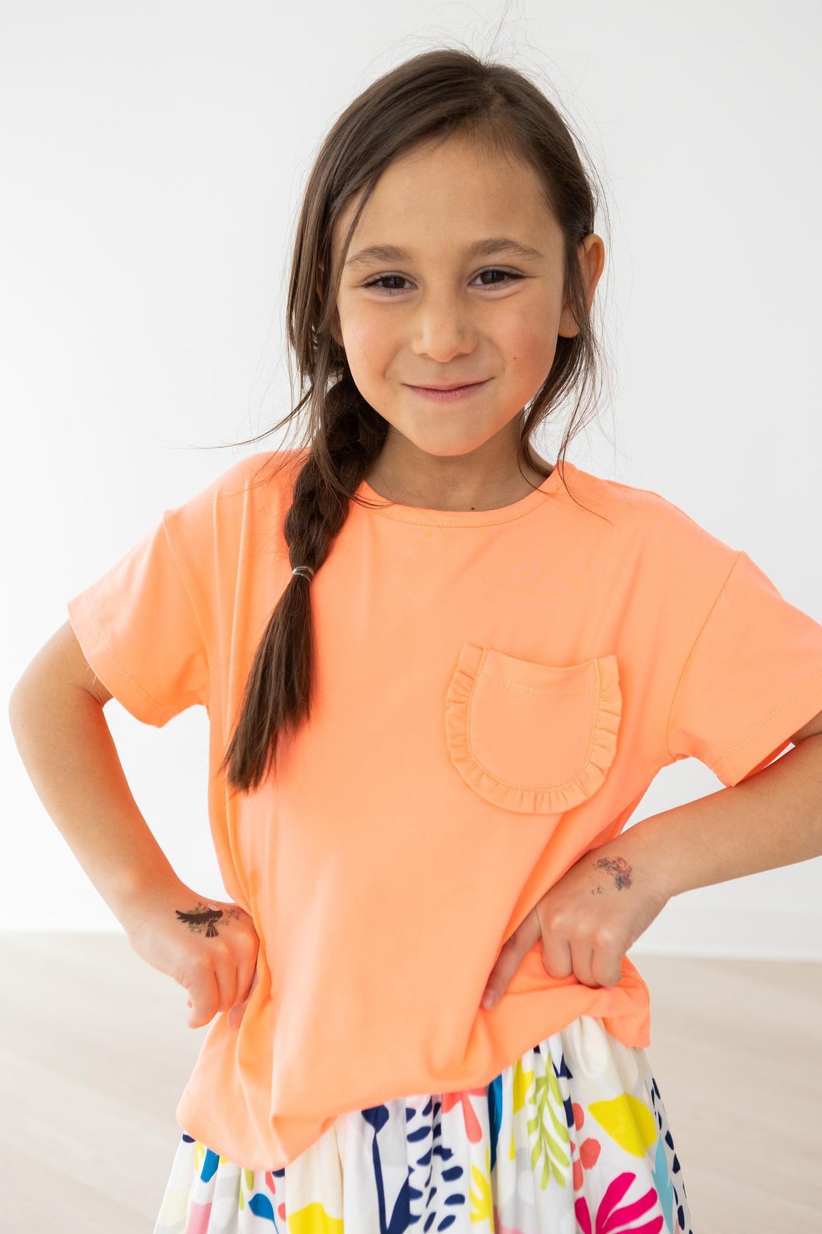 Neon Coral Ruffle Pocket Tee - Image 2