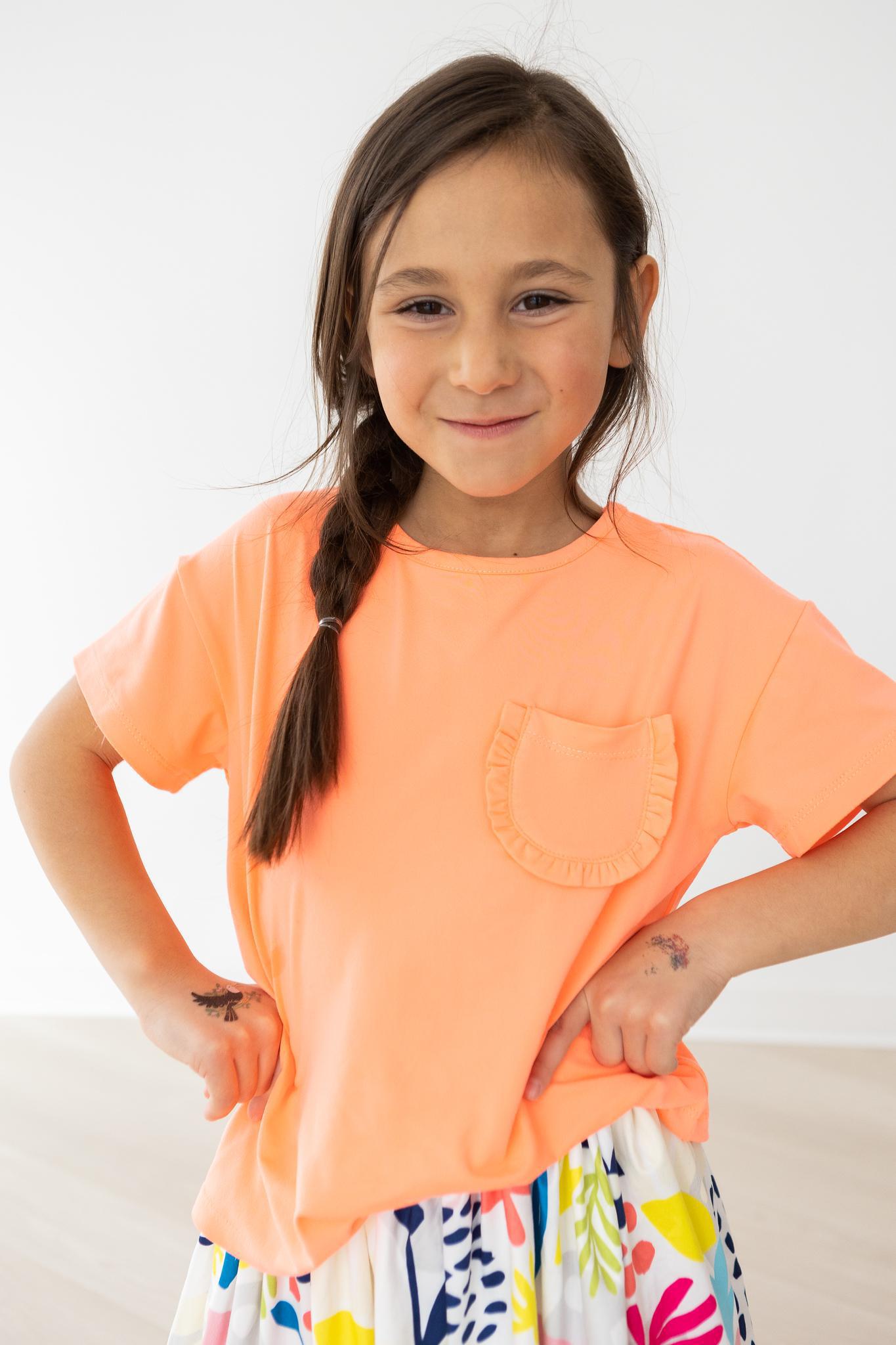 Neon Coral Ruffle Pocket Tee - Image 2