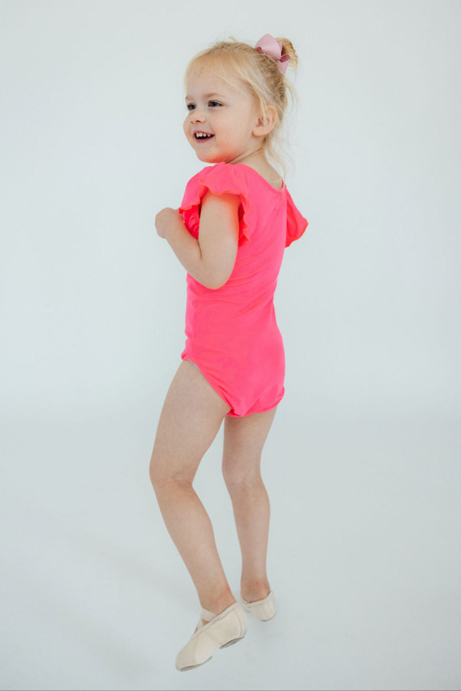 Neon Pink S/S Flutter Sleeve Leotard - Image 2