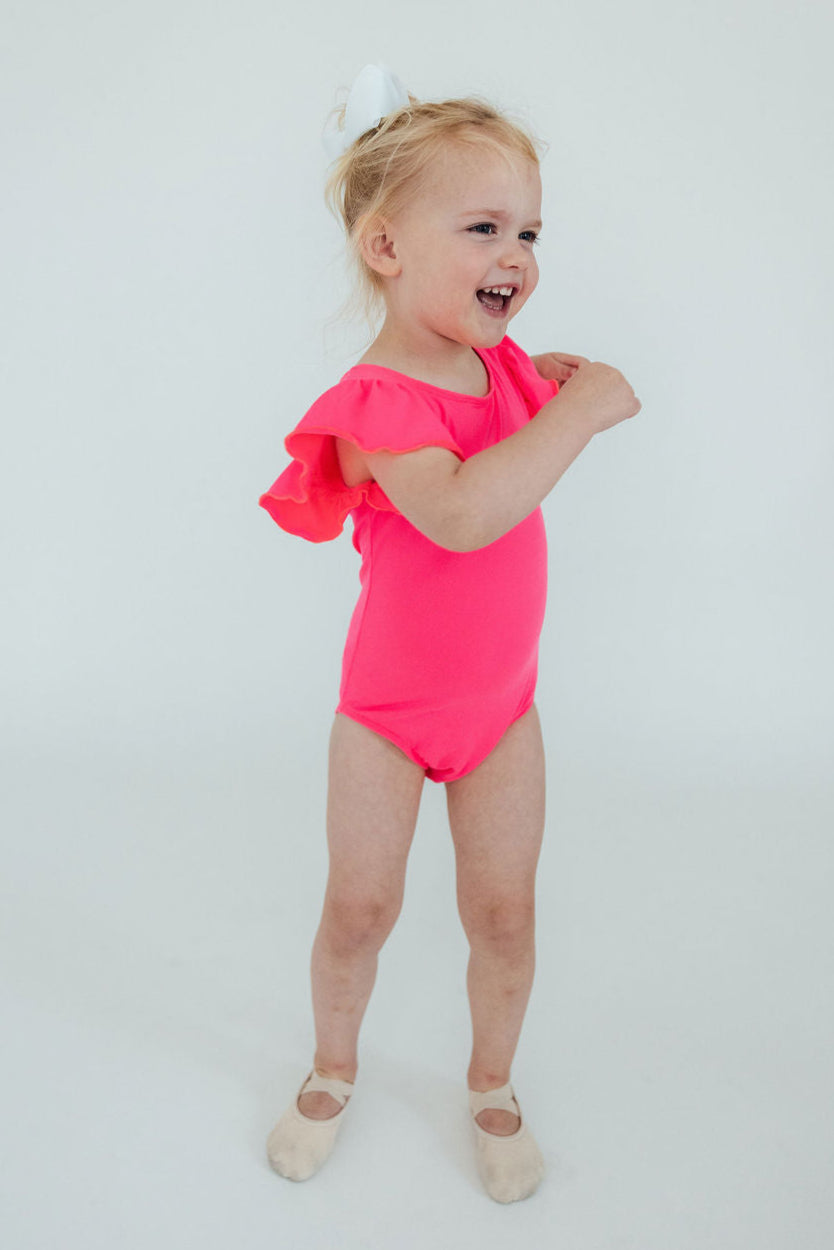 Neon Pink S/S Flutter Sleeve Leotard - Image 5