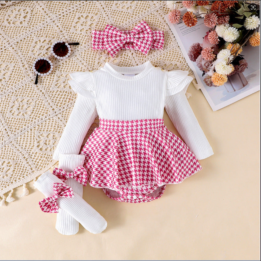 Sunken Stripe Long Sleeve Stitching Houndstooth Skirt One-piece Romper - Cindi Book