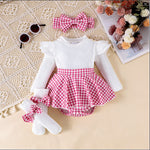 Sunken Stripe Long Sleeve Stitching Houndstooth Skirt One-piece Romper - Cindi Book