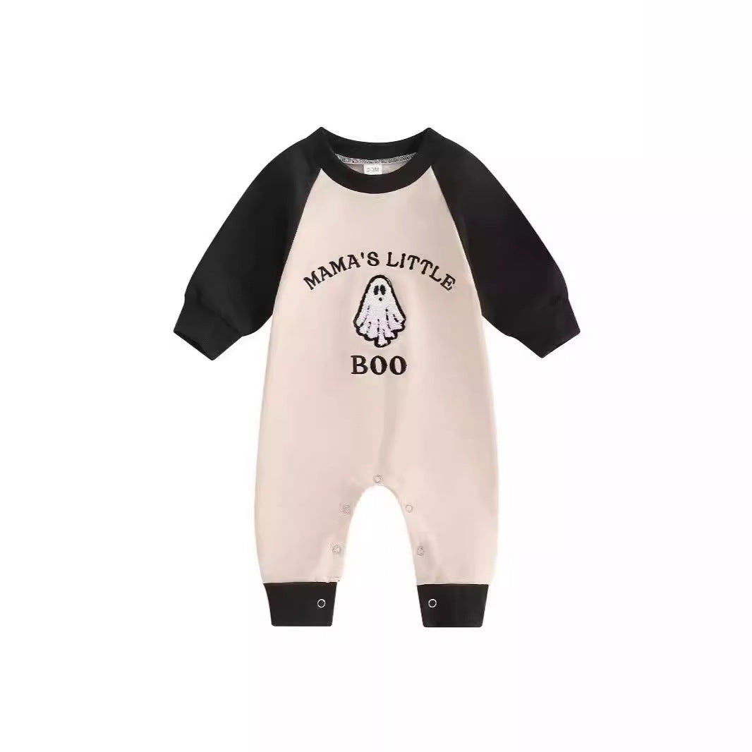 Letter Ghost Embroidery Color blocked Long sleeved Cartoon Cute jumpsuit Crawler - Cindi Book
