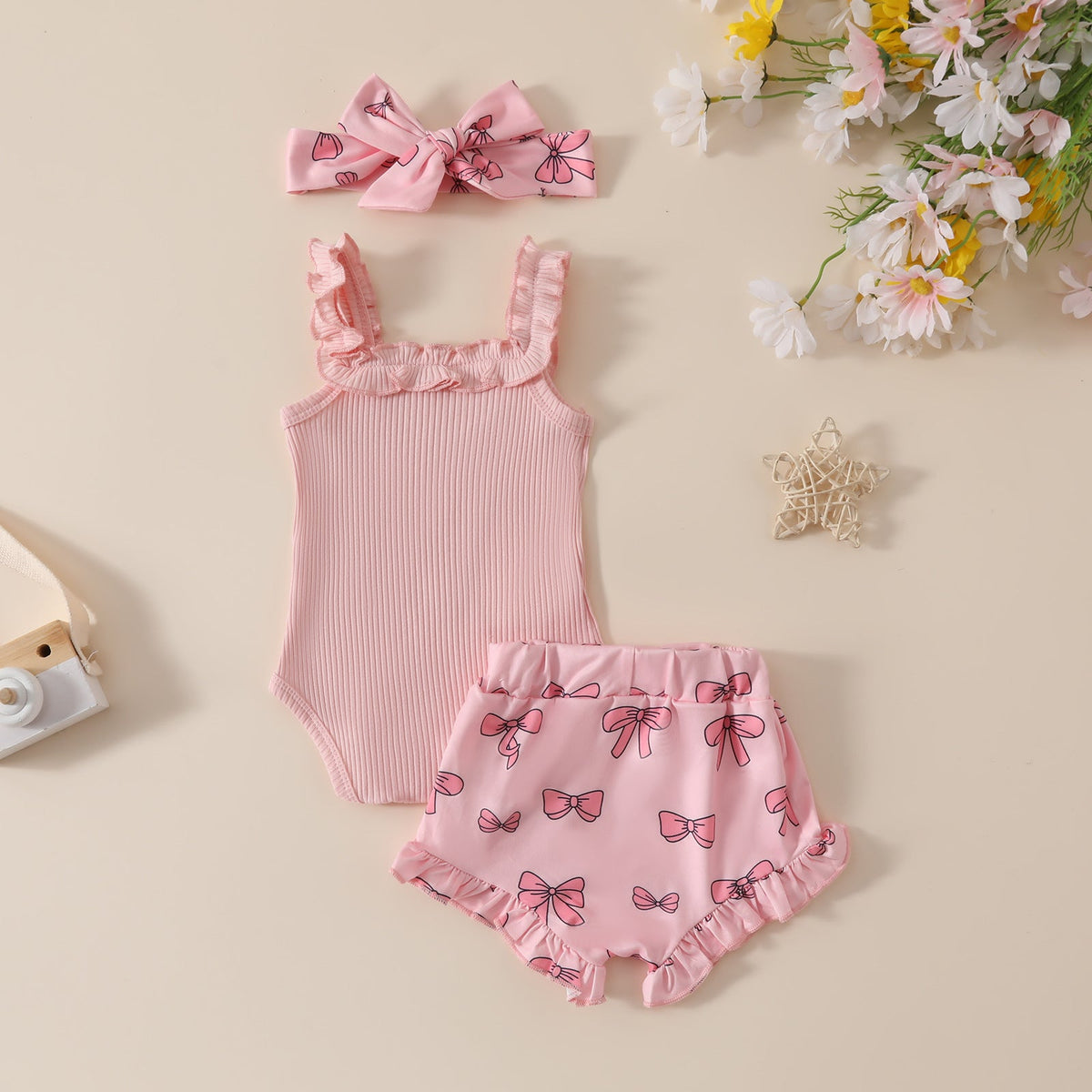 Girls' Solid Color Romper Bow Shorts Two-piece Set - Cindi Book