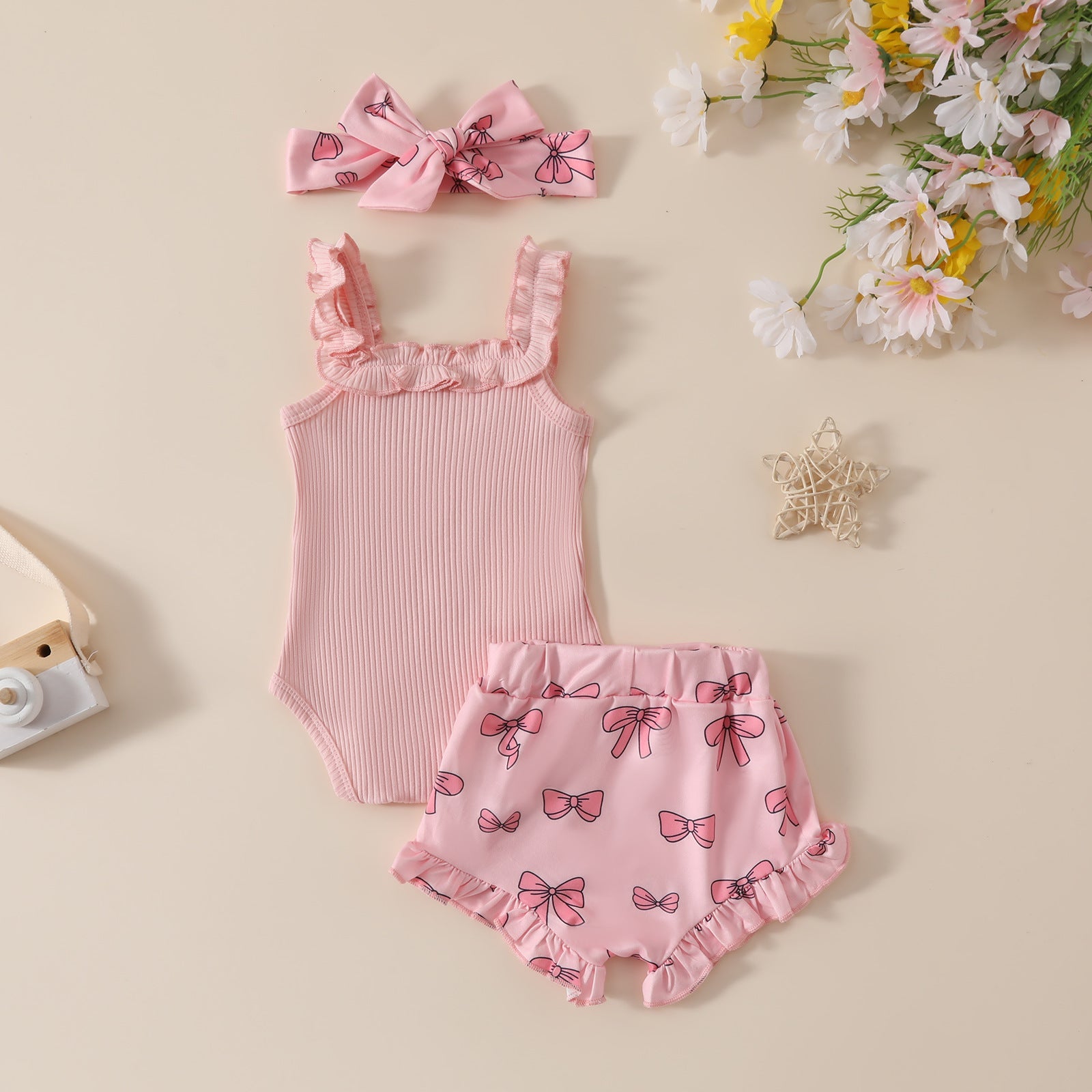 Girls' Solid Color Romper Bow Shorts Two-piece Set - Cindi Book