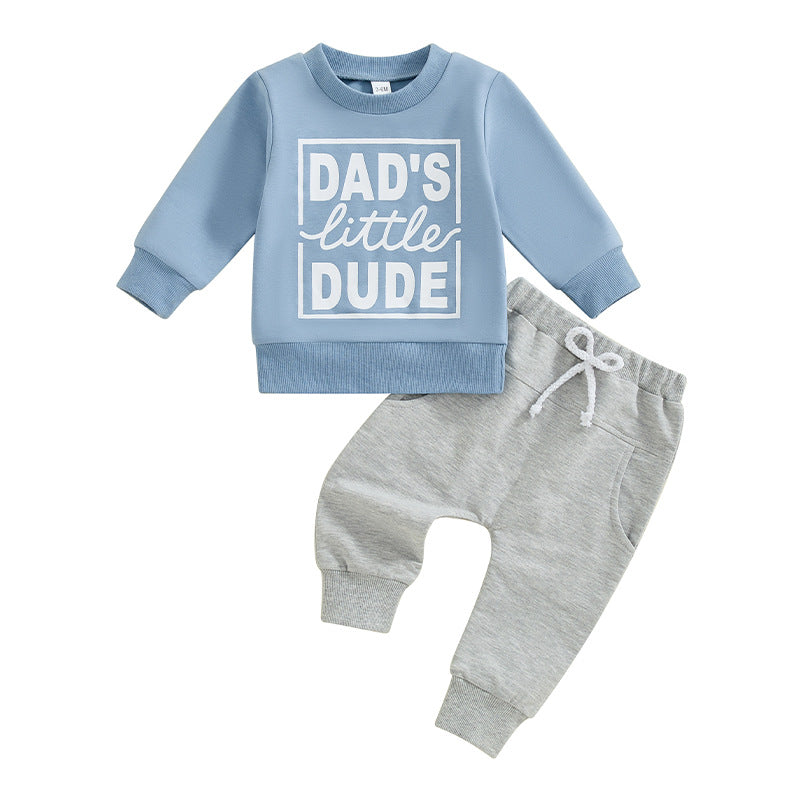 Boys' Letter Printed Long-sleeved Pullover Sweater Solid Color Trousers Two-piece Set - Cindi Book