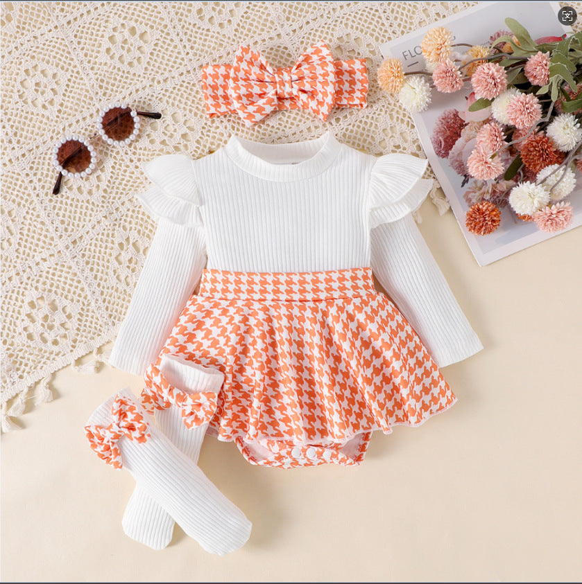 Sunken Stripe Long Sleeve Stitching Houndstooth Skirt One-piece Romper - Cindi Book